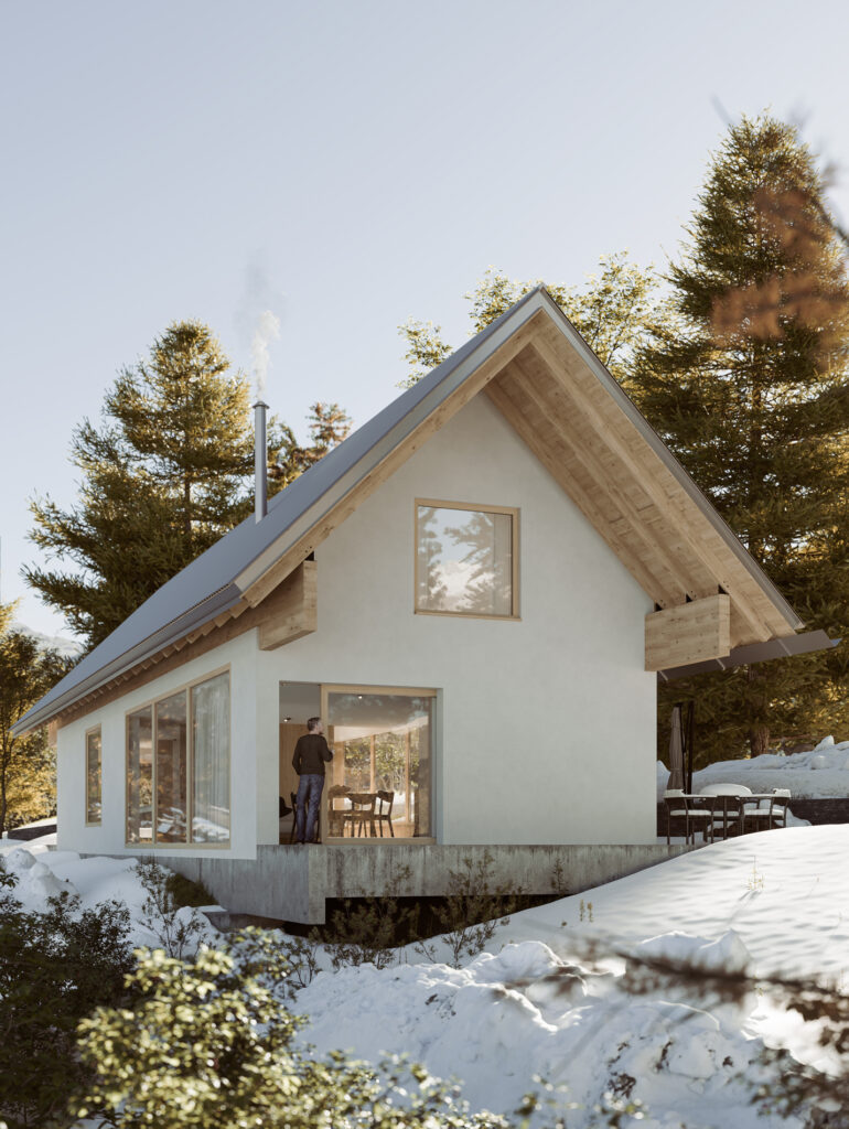 vue 3D chalet moderne hautes alpes France architecture biosourcée de montagne polka architecture Briançon