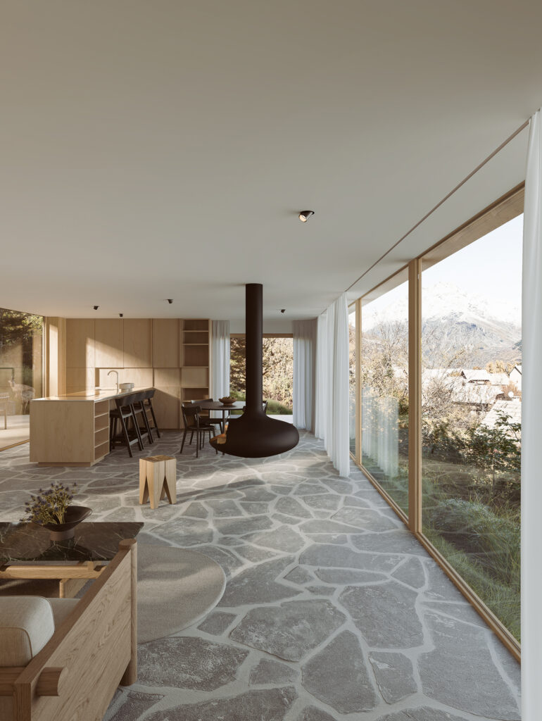 vue intérieure 3D chalet moderne hautes alpes France architecture biosourcée de montagne polka architecture Briançon
